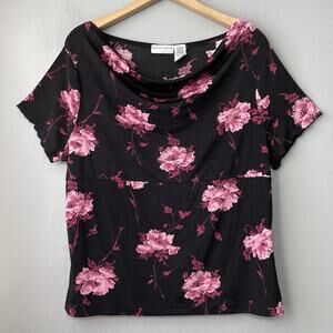 Y2K Top Size XL Black Pink Floral Cowl Neck Stretch Babydoll Whimsigoth Romantic